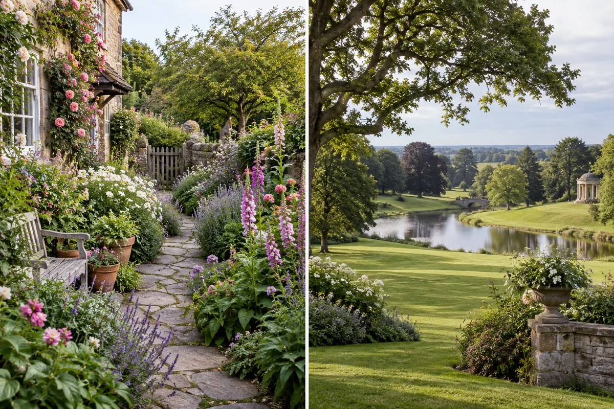 A flower-lined cottage path beside a broad lawn overlooking water and distant trees.