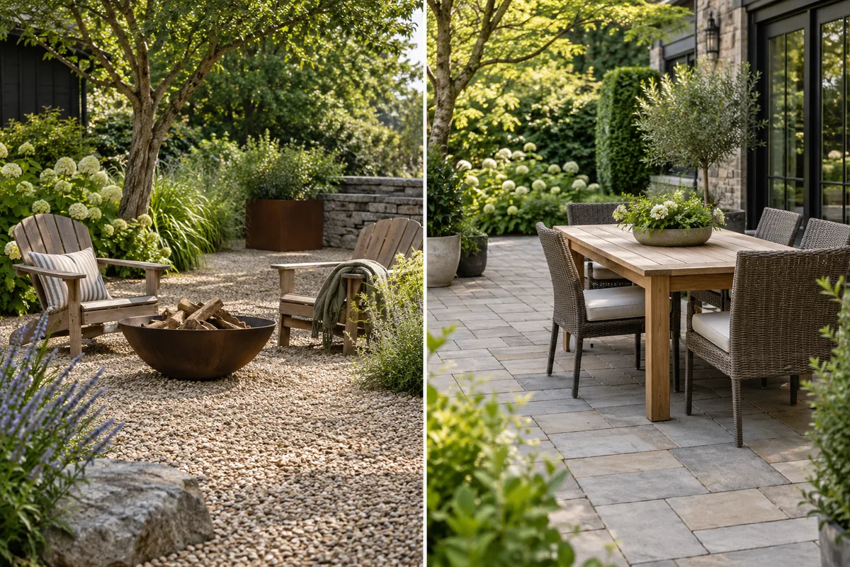 Garden chairs around a bowl in a gravel sitting area beside a dining table on rectangular pavers.