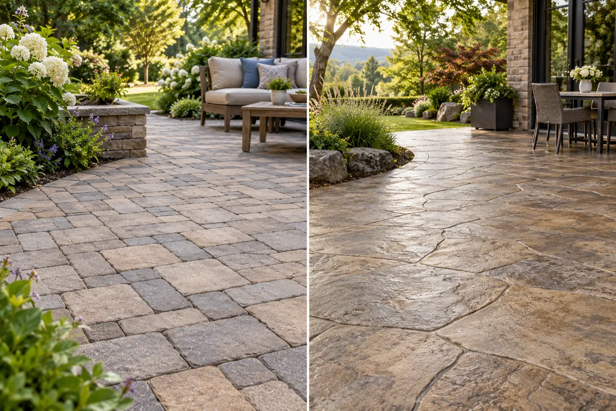 A patio of individual stone-colored pavers beside a continuous textured patio with irregular stone-like patterns.