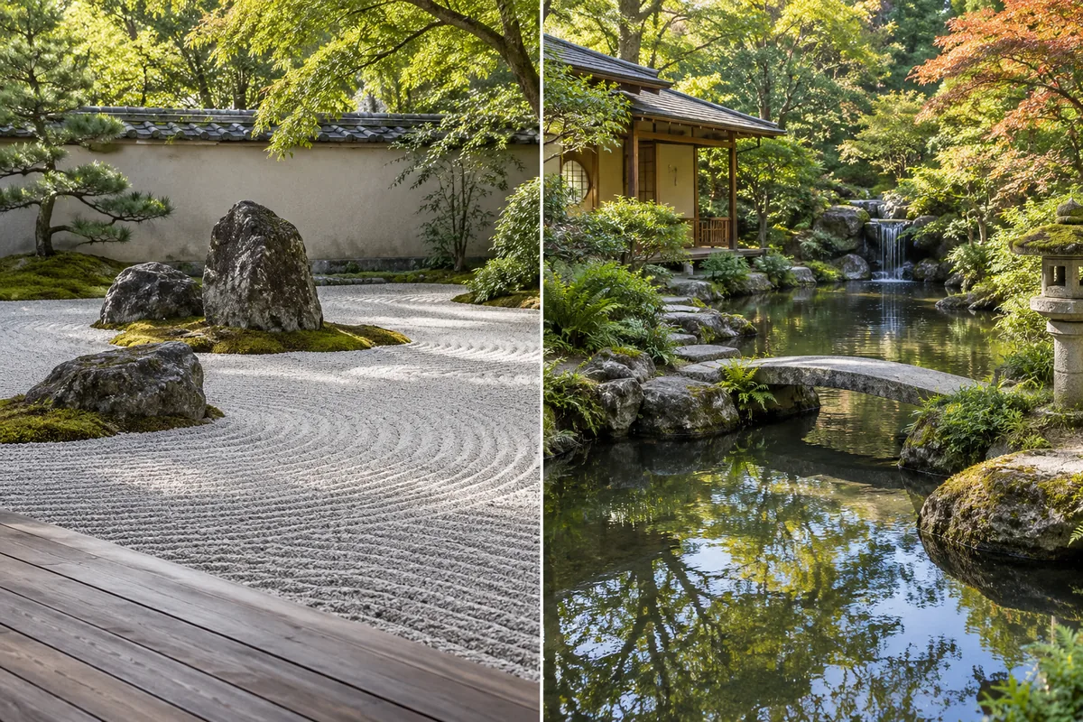Raked pale gravel around large rocks beside a pond garden with a small stone bridge.