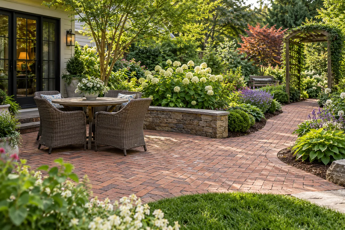 A red brick patio with a round dining table, woven chairs, and lush planted borders.