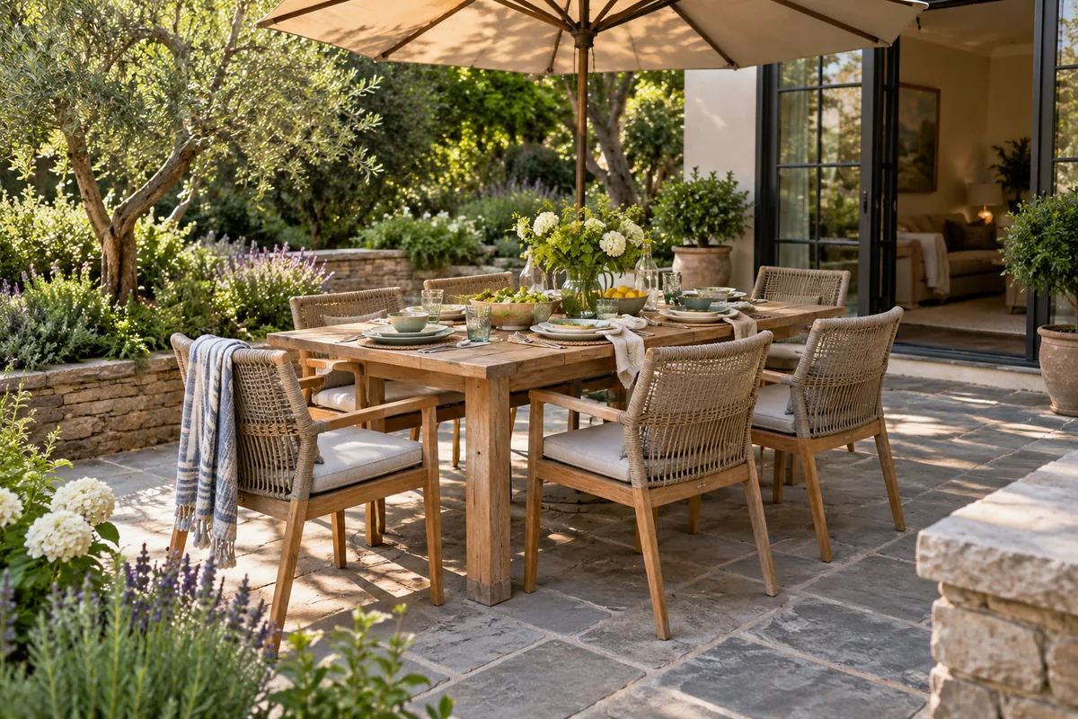 A wooden outdoor dining table with woven chairs beneath a broad patio umbrella.