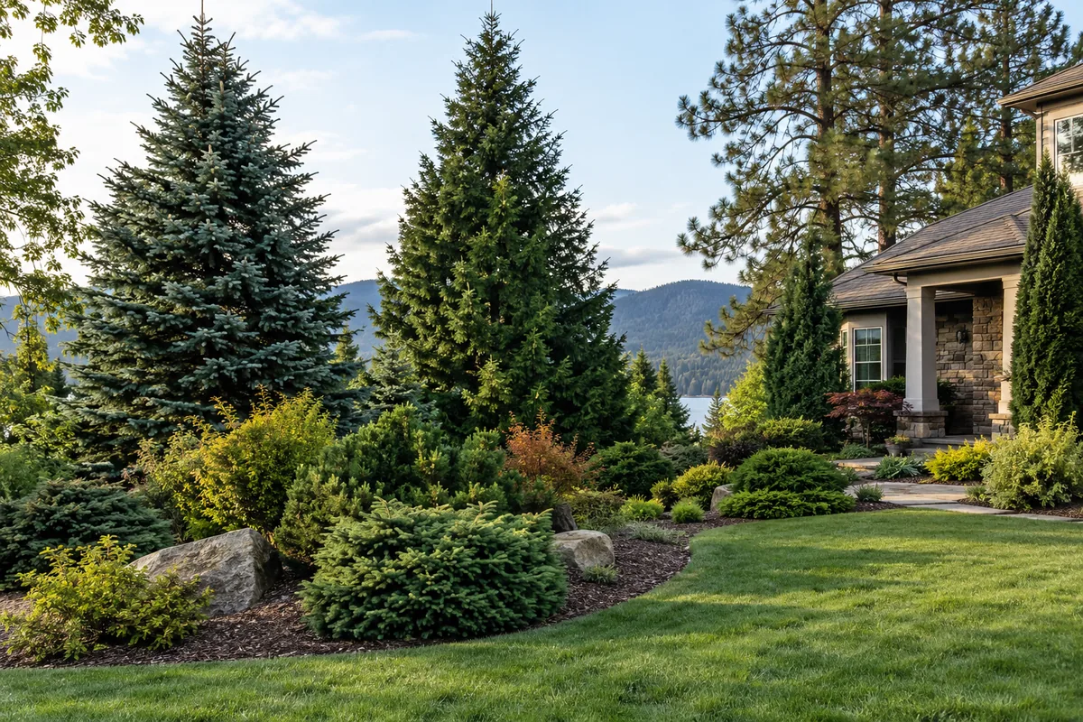 Tall conifer trees rising behind a lawn and a stone-edged border of shrubs.
