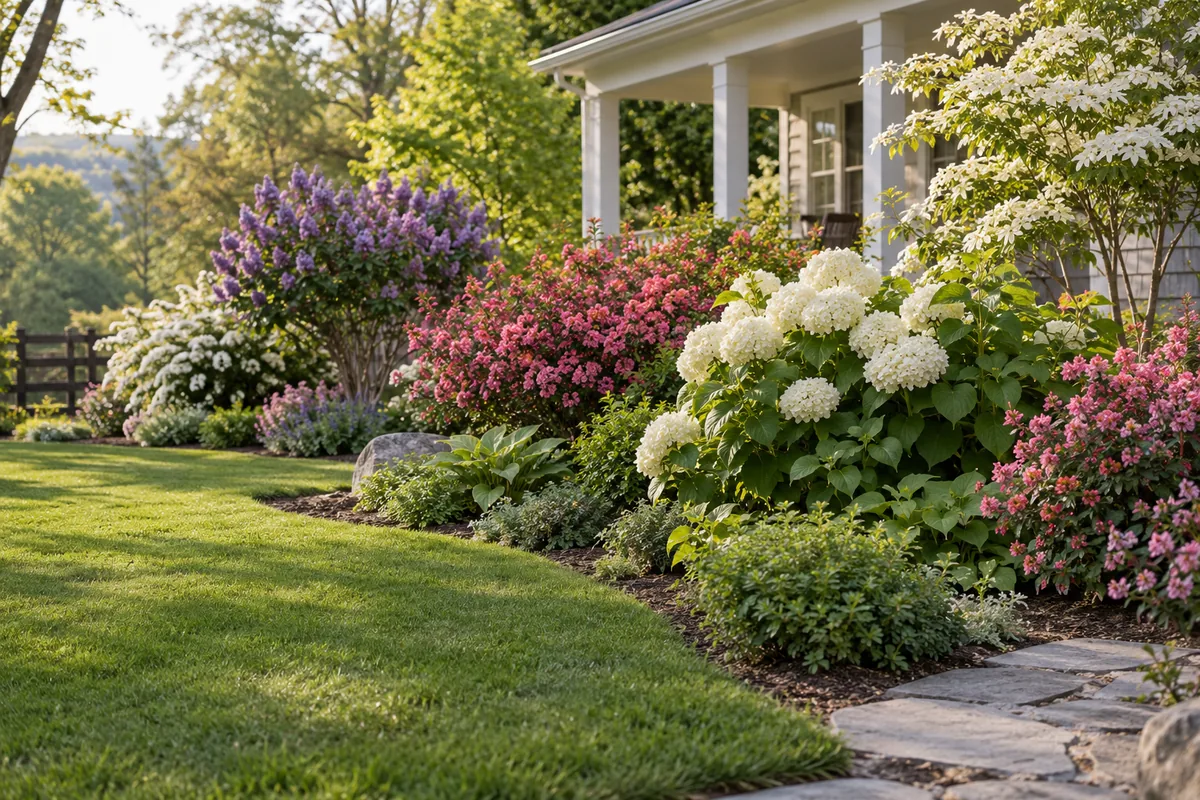 White, pink, and purple flowering shrubs bordering a lawn beside a house porch.