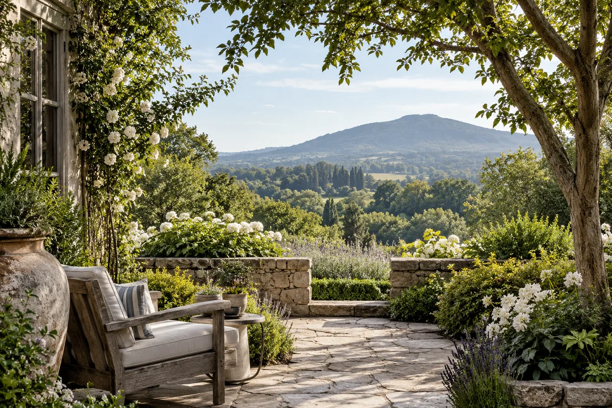 A shaded stone terrace and wooden chair overlook a distant wooded hillside.