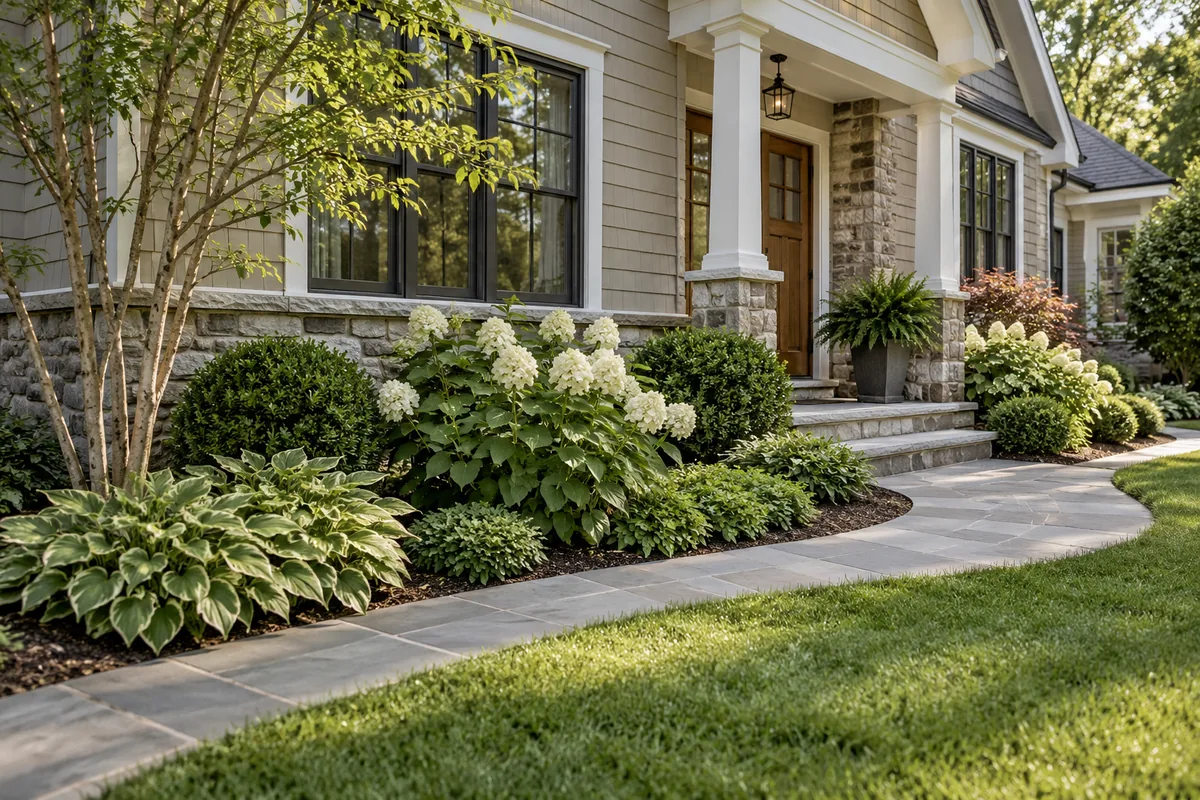 Layered shrubs and pale flowers border a house entrance and curved stone walk.