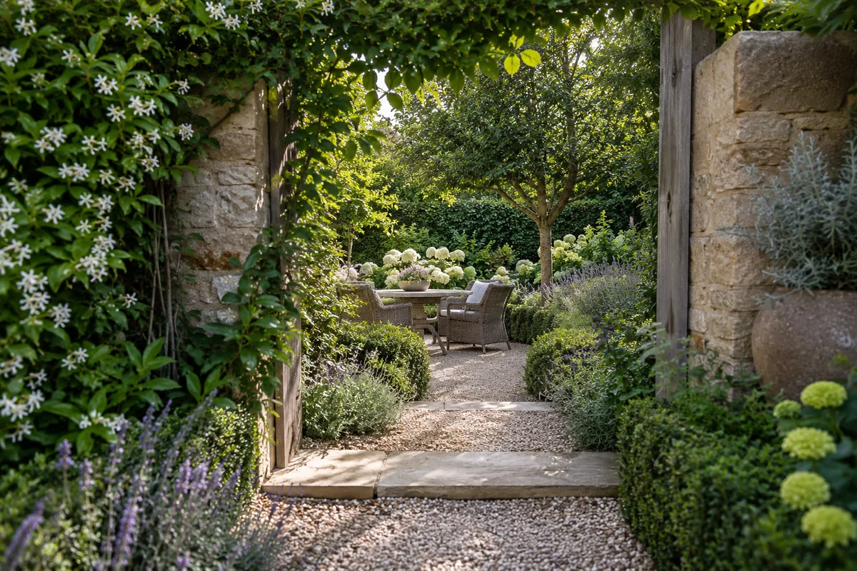 A vine-covered stone gateway opens onto a secluded seating area surrounded by planting.
