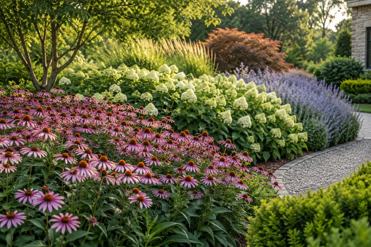 Broad groups of pink, pale, and purple flowers line a curving gravel path.