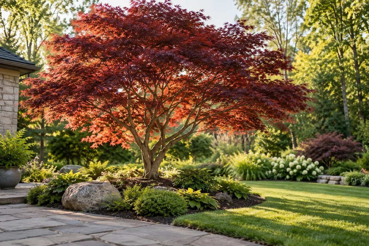 A spreading red-leaved tree stands within a planted island beside lawn and paving.