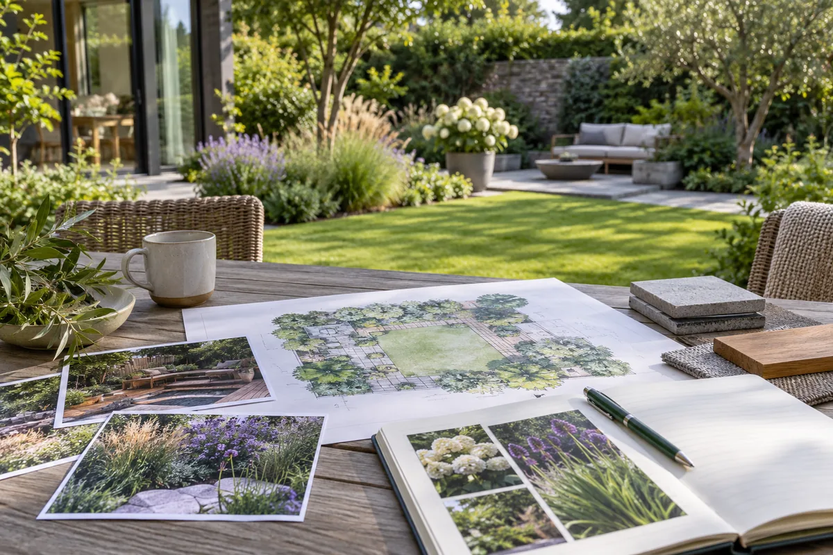 An illustrative garden plan, reference photographs, and material samples lie beside an open notebook.