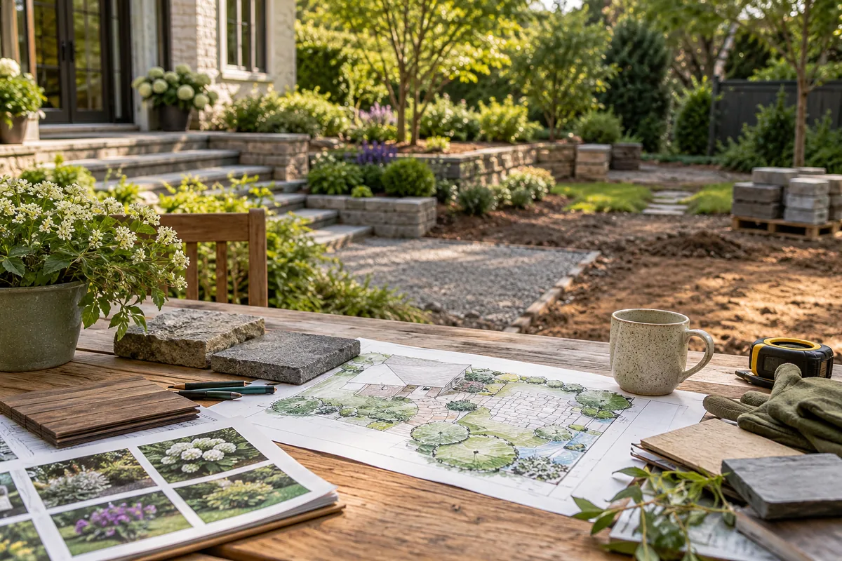 A garden sketch and material samples overlook an unfinished gravel area beside established planting.