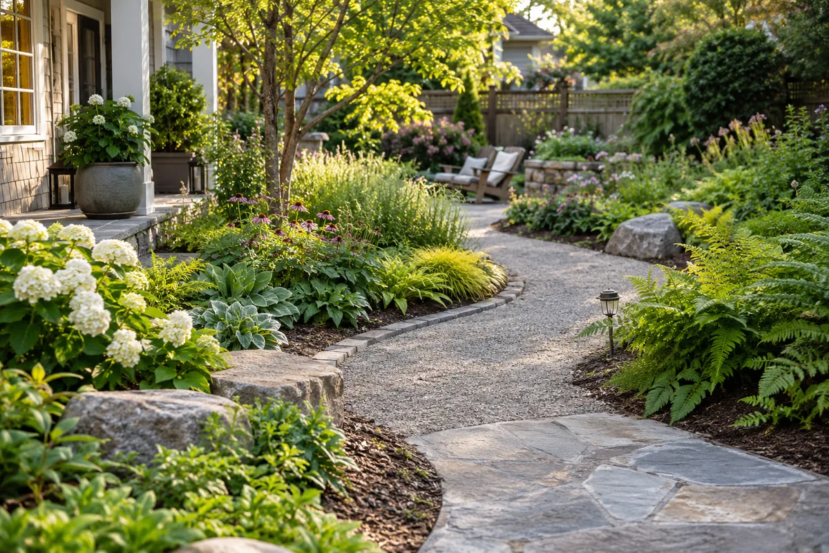 A curving gravel and stone path connects lush planted borders with a garden seating area.