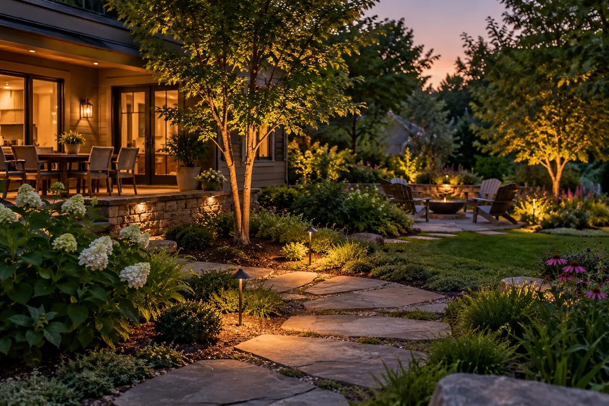 Warm lights illuminate a stone path, planted borders, and trees beside a house at dusk.