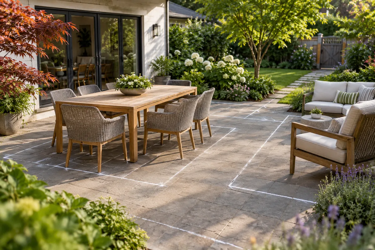 Chalk outlines surround dining and lounge furniture on a stone patio beside planted beds.