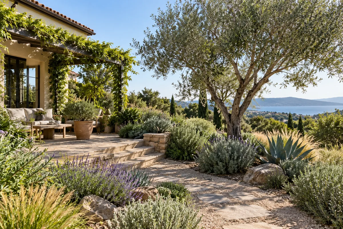 A broad tree shades a stone terrace surrounded by grasses, shrubs, and gravel beds.