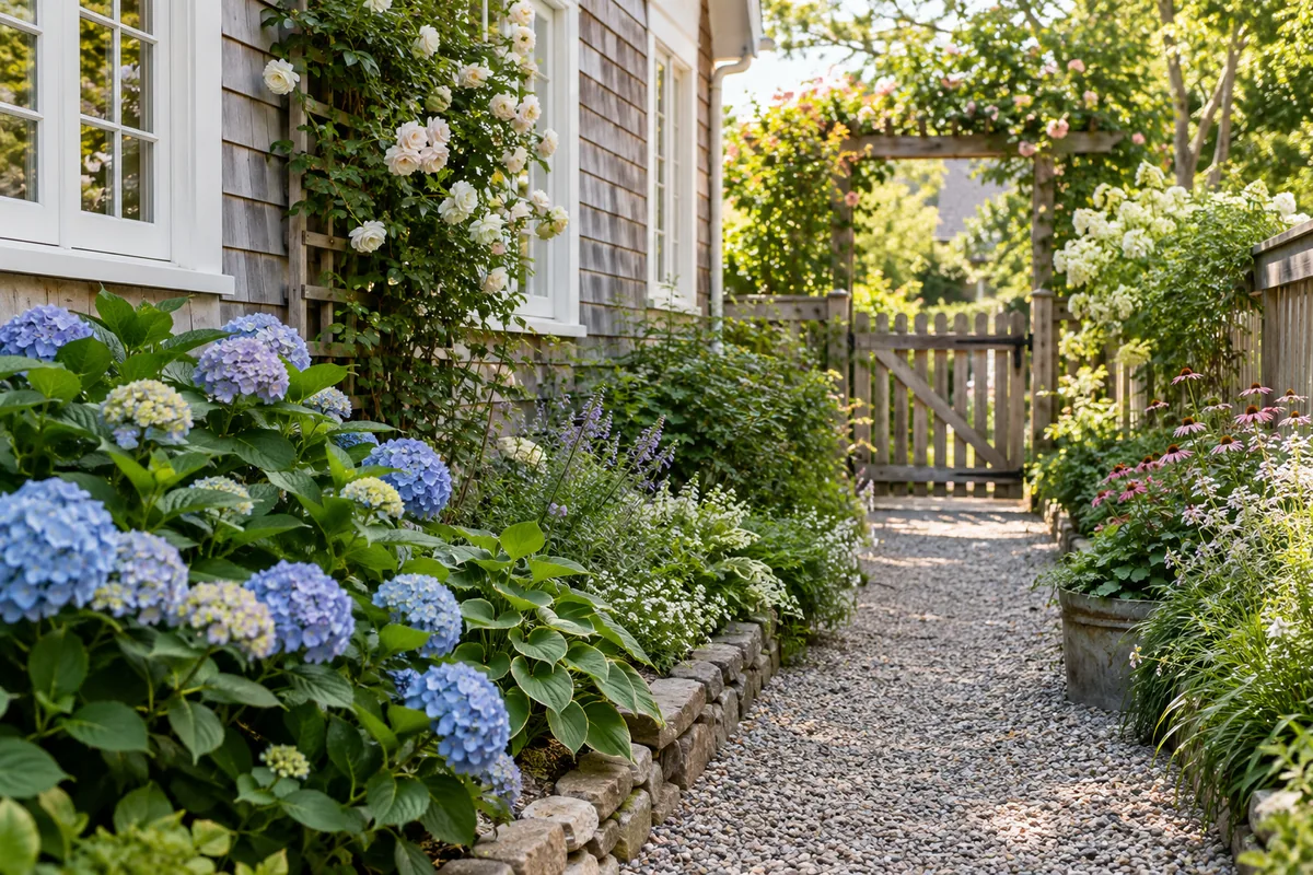 Gravel side-yard path bordered by layered flowers and foliage leading to a timber gate beneath a planted arch.