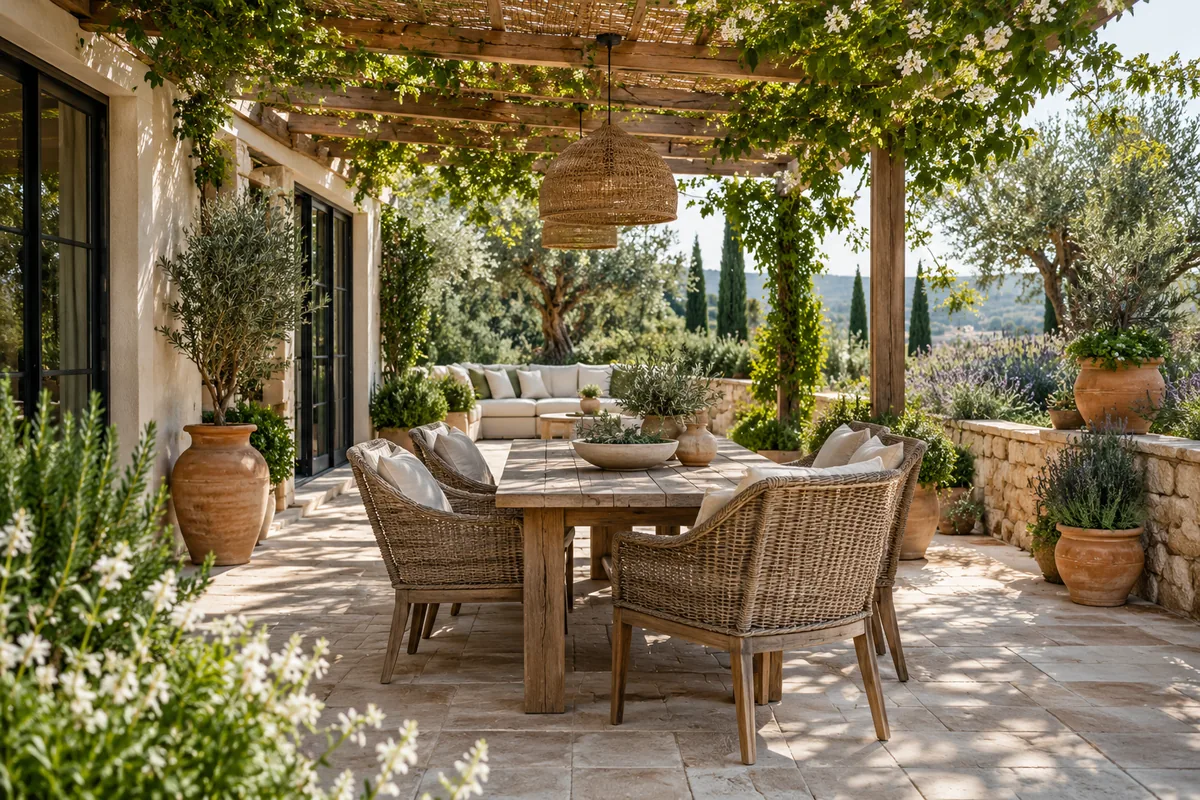 Stone backyard terrace with woven dining chairs beneath a planted pergola, terracotta pots and a cushioned seating area.