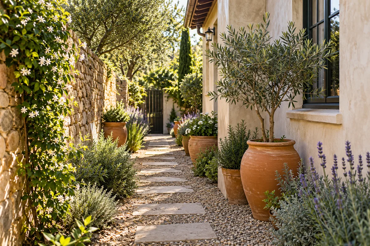 Stone stepping path between a stucco house and planted stone wall with terracotta pots leading to a dark gate.