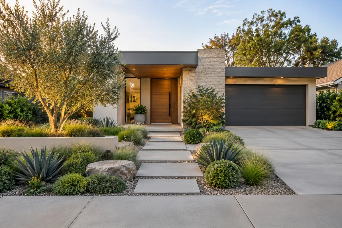 Rectangular entry slabs and restrained planted beds frame a flat-roofed house with a timber door and dark garage.