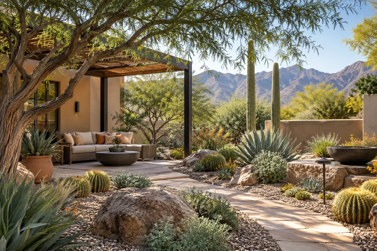 Stone path through gravel, rocks, cacti and spiky foliage leads to shaded patio seating with mountains beyond.