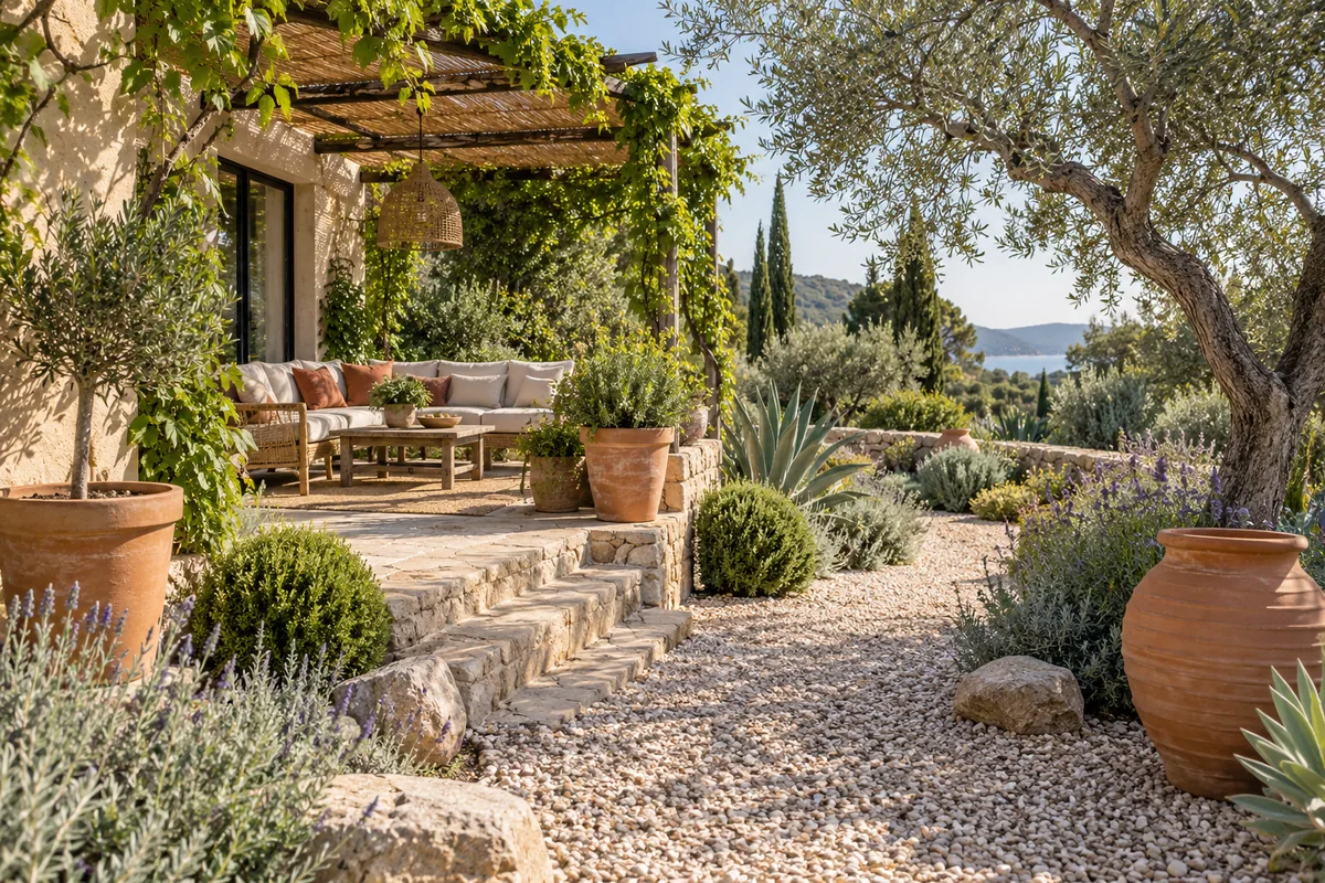Stone patio beneath a planted timber pergola connects to gravel paths, terracotta pots and silvery green foliage.