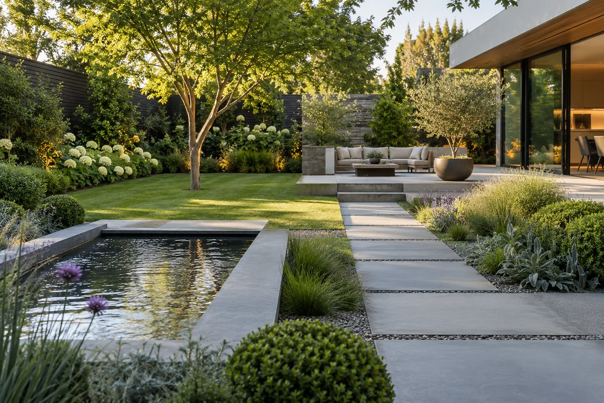 Straight paved slabs connect a rectangular water feature, lawn and raised seating patio beside a house with large glass doors.