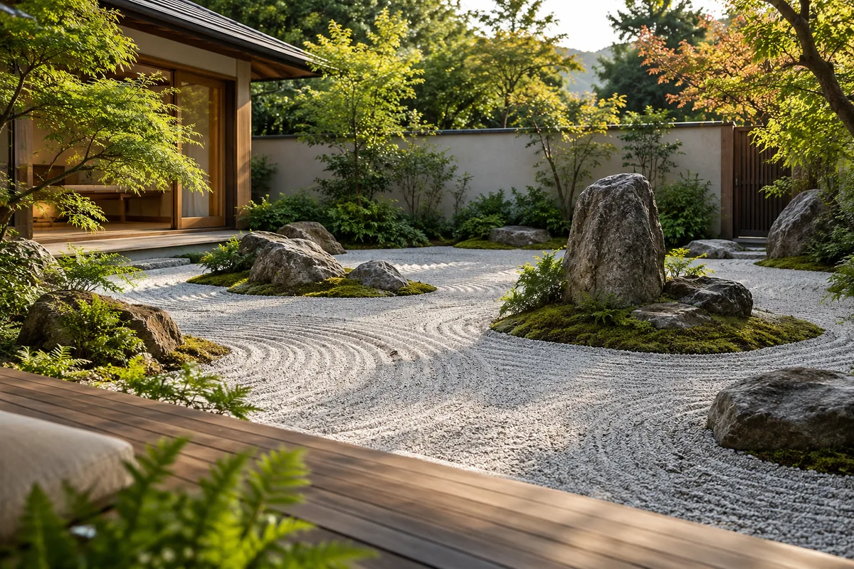 Raked pale gravel curves around large rocks and low green growth beside a timber deck and open garden room.
