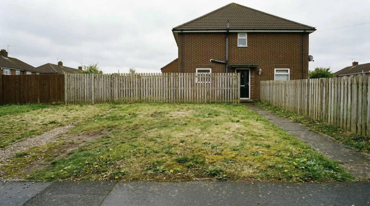 Plain fenced backyard before an outdoor living and planting redesign