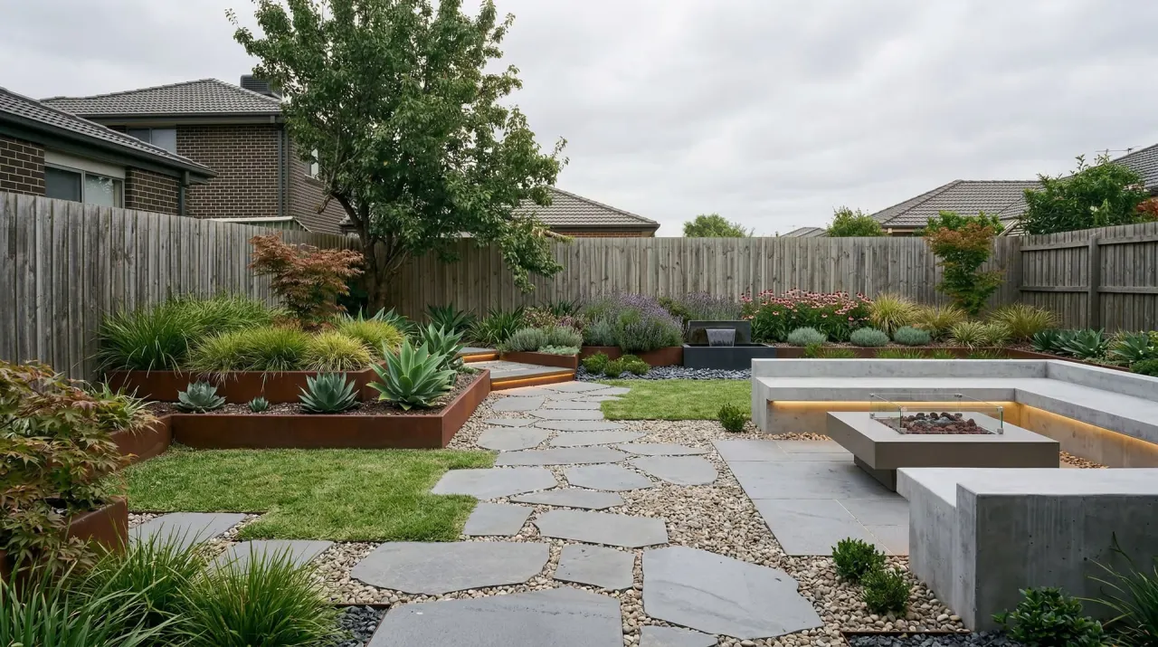 AI-generated modern minimalist front yard with clean lines and native grasses