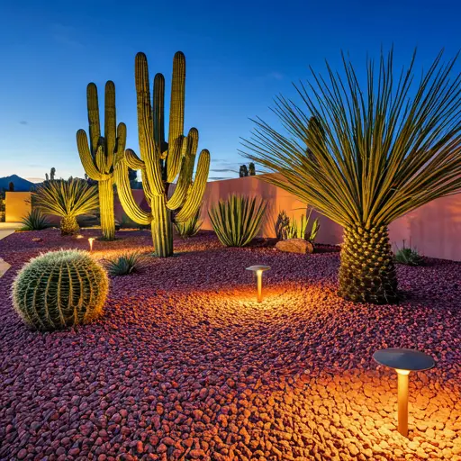 Desert xeriscape garden style preview with succulents, gravel, boulders, and a drought-tolerant layout