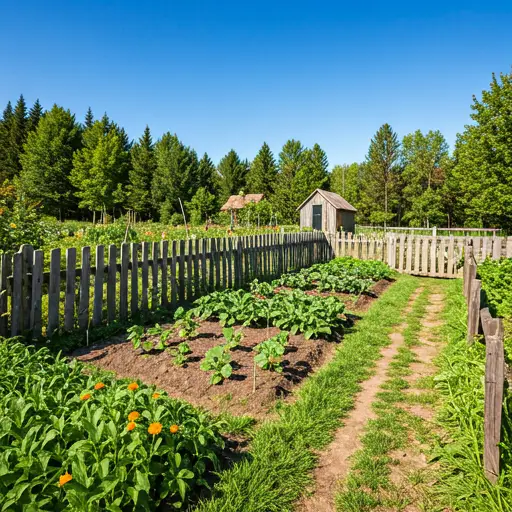 Farmhouse country garden style preview with raised beds, herbs, rustic fencing, and productive planting