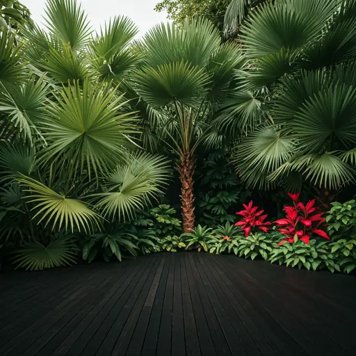 Tropical garden style preview with oversized foliage, palms, and vivid flowering plants